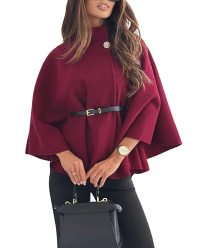 Minetom Damen Umhang Elegant Herbst Winter Poncho mit Gürtel Einfarbig Wollmantel Knopf Warm Mantel Cape A Weinrot XL