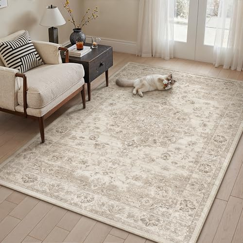 PureCozy Teppich Wohnzimmer 120x170cm Beige Waschbarer Teppiche | Weich Kurzflor Groß Carpet, Rutschfest, Leicht, Schlafzimmer, Esszimmer, Büro, Kinderzimmer