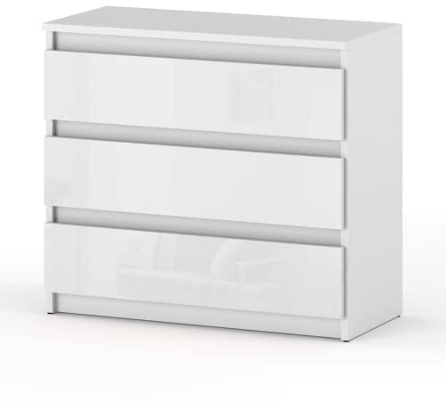 MRBLS_HOME Kommode mit 3 Schubladen – Schmale Schlafzimmer Kommode, Modernes Sideboard Holz - Weiß Matt/Weiß Glanz – 80 x 71,5 x 33,5 cm