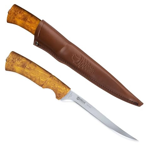 Helle 167515 Unisex – Erwachsene Filetiermesser,STEINBIT,Griff aus masurischer Birke,braune Lederscheide mit Gürtelschlaufe, Mehrfarbig, Einheitsgröße