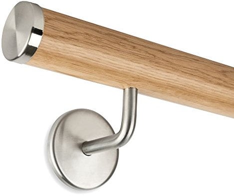 Oak Handrail Set 45mm Length 1m Including Stainless Steel End Caps and 2 Brackets