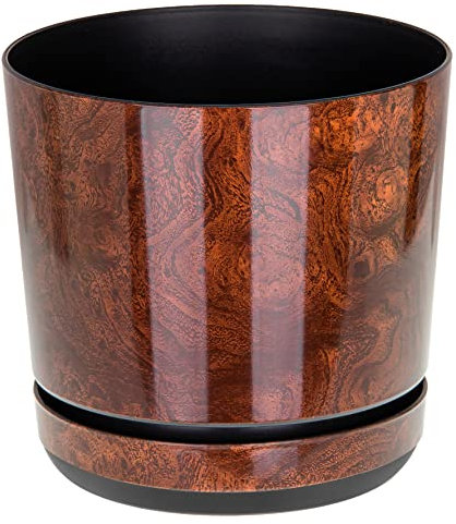 KORAD Wood Effect Medium Flower Indoor Plant Pot with Saucer Plastic Gloss Modern Decorative Planter with Drainage Holes, 6 sizes, 25 colours (16cm - 6.3 inch)