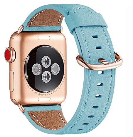 WFEAGL Kompatibel für Apple Watch Armband 40mm 41mm 38mm,Lederband Ersatzband für Herren Damen Kompatibel für iWatch Series 10/9/8/7/6/5/4/3/2/1,SE(38mm 40mm 41mm, Tiffany Blau+roségold Adapter)