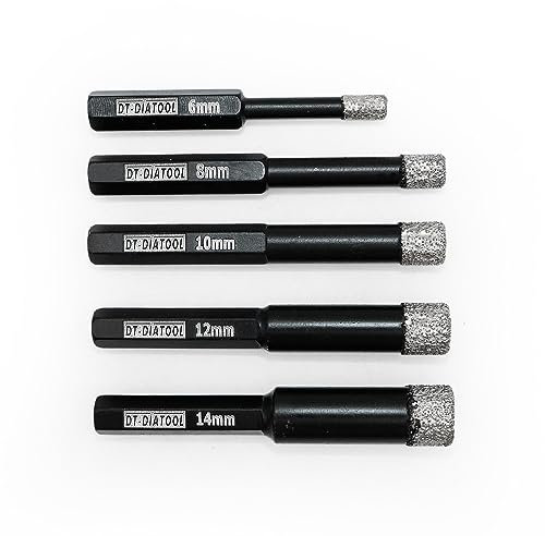 DT-DIATOOL Tile Diamond Drill Bits Set Hex Shank - 5PCS 6/8/10/12/14mm Vacuum Brazed Hole Saw for Tile Porcelain Ceramic Marble Granite
