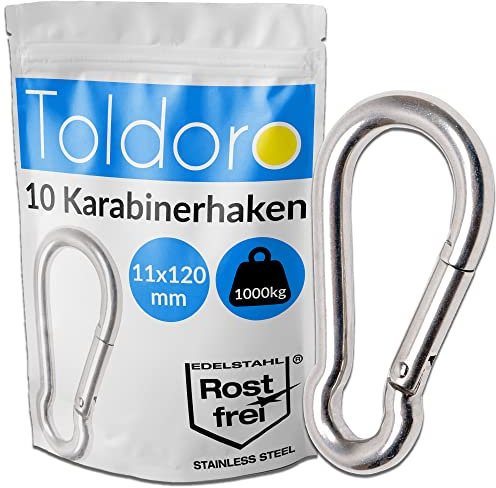 Toldoro 10x Edelstahl Karabiner 11x120mm Rostfrei - NIRO AISI 316 V4A / Karabinerhaken Groß für Slacklines, Segeln, Camping/Feuerwehrkarabiner/Karabiner Set