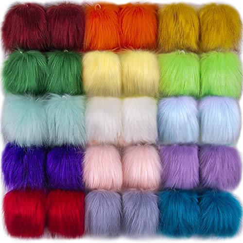 SIQUK 30 Stück Kunstfell Pompons Fellbommel mit Elastischer Schlaufe für Hüte Schlüsselanhänger Schals Handschuhe Taschen(15 Leuchtende Farben)