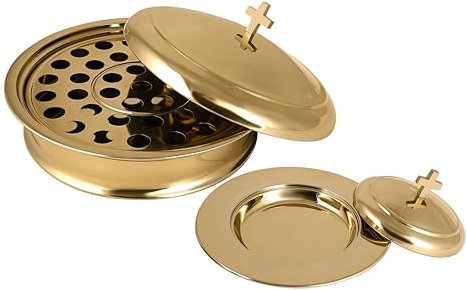 MAYUR EXPORTS Communion Ware - Bandeja para servir vino sagrado con tapa y plato apilable para pan con tapa, acero inoxidable (latón/dorado brillante)