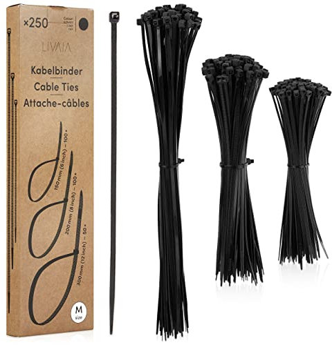 Set de serre-câbles noir: 250 serre-câbles noirs en 3 tailles - Attache câble collier, Cable Management - Serre-cables 300mm, 150mm, 200mm - LIVAIA, cable management