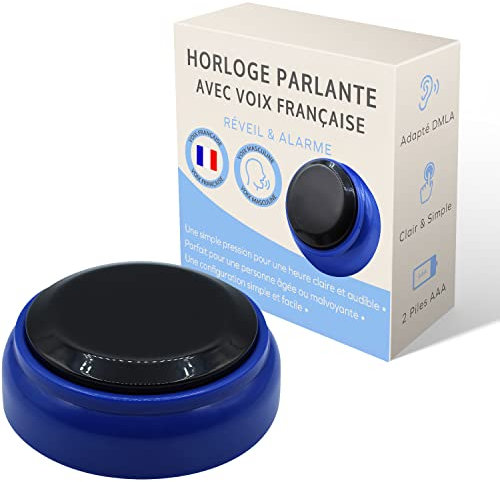 Reloj Parlante para Alzheimer, Ciugle, Persona Vista o Persona Agée - Voz Francesa Clara - Idea de regalo para abuelas o abuelas, con alarma sonora (negro y azul)
