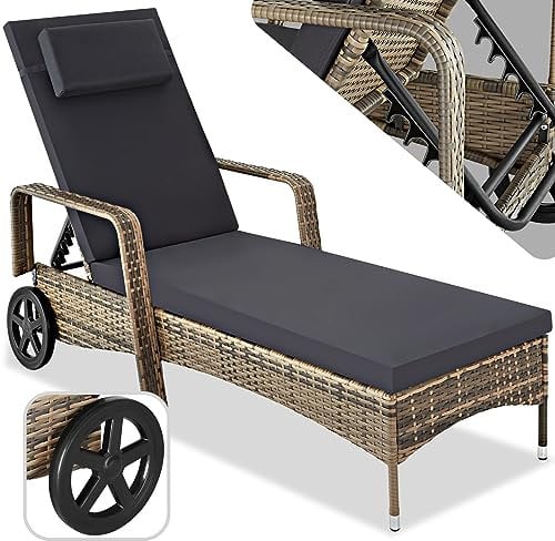 tectake Poly Rattan Gartenliege mit Rollen, 6-Fach höhenverstellbarer Liegestuhl, bis 120kg belastbar, Sonnenliege Rattan (wetterfest), Liege inkl. Polster und Kissen - Natur/dunkelgrau