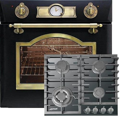 Kaiser Backofenset EH 6355 Em + KCG 6380 Turbo, Autark, Retro Einbau Backofen Set, 8 Funktionen + Einbau Gas Kochfeld 60 cm, Schwarz Glas, Erdgas/Propangas, 3,8kW WOK