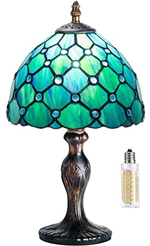 MIAOKE Tiffany Style Tischlampe, VintageTischlampe Handcraft Glasmalerei Lampenschirm Tischlampen für Schlafzimmer Nachttischlampe Arbeitszimmer Office (Green bead)