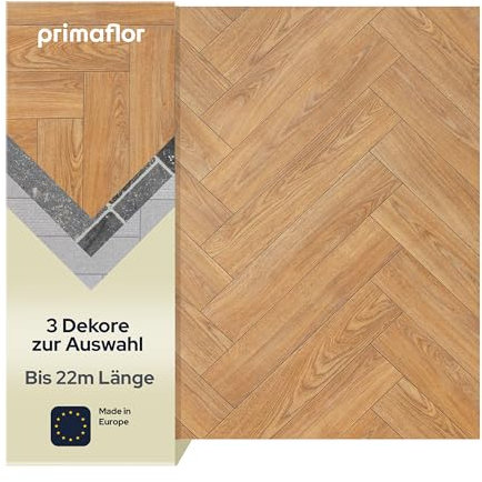 Primaflor PVC Bodenbelag Meterware - AKUSTIK-TEX, Fischgräte Eiche natur 669M, 2,00m x 0,50m, Vinyl-Boden in Holzoptik für Küche, Wohn- & Badezimmer, Hochwertige Auslegware, Anti-Rutsch Oberfläche