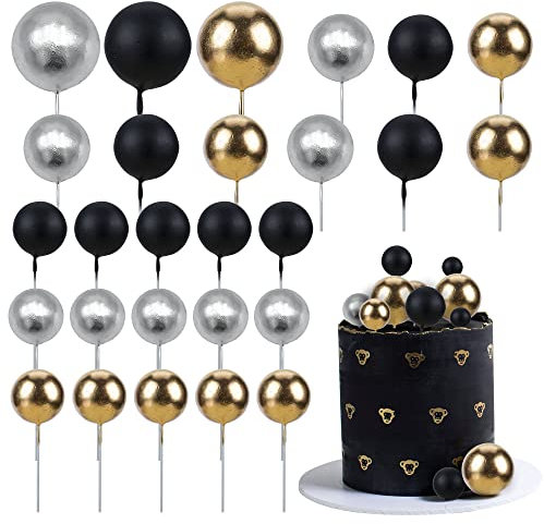 Gyufise 30Pcs Ball Cake Toppers Ball Cake Picks Ball Shaped Cupcake Insert Cake Topper for Bear Theme Birthday Party Favors Wedding Decoration Supplies Black Gold Silver