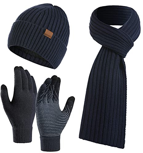 Kunyeah Mütze Schal Handschuhe Set Warm StrickmüTze Hut Lang Schal Touchscreen Handschuh Winter Accessoires für Herren Damen…
