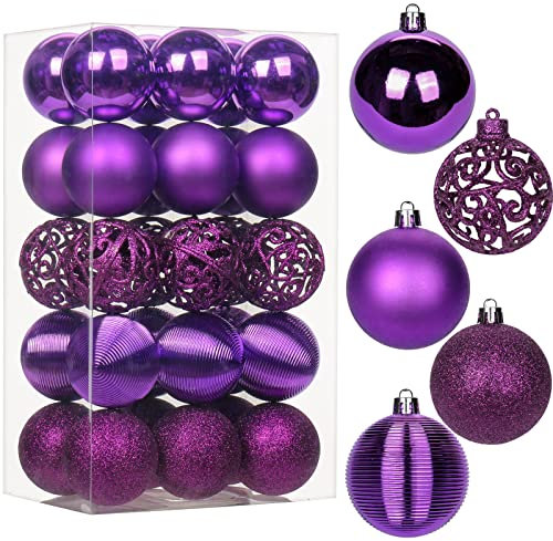 30 pcs Christmas Baubles Xmas Ball Ornaments with Strings, 60mm/2.4 Purple Shatterproof Plastic Hanging Decorations, Christmas Tree Pendants for Home Party Wedding Holiday