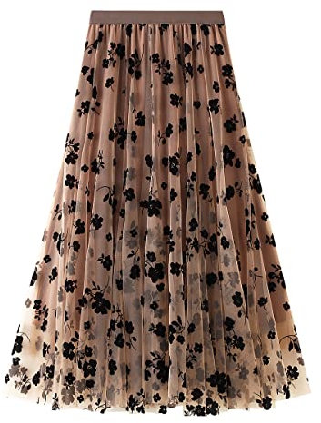 Tüllrock Damen Lang Rock Elegant Vintage Blume Stickerei Elastisch High Waist A Linie Swing Midi Sommer Faltenrock Plisseerock Winterrock Maxirock Frauen Festlich Fee Tutu Röcke Khaki L