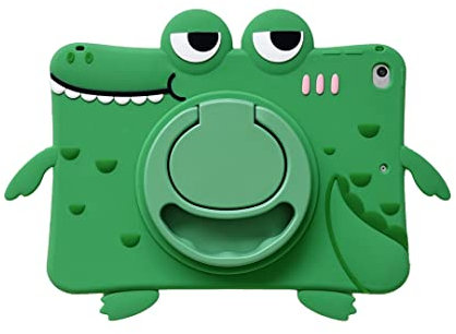 für iPad 7/8/9 10.2'' 2021/2020/2019 Model Hülle, CrazyLemon Tablet Hülle mit 360° Drehbarem Ständer Kawaii Cartoon Süße Weich Silikon Stoßfest Schutzhülle mit Schlüsselband - Krokodil