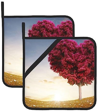 Heart Shaped Tree In Red Printed Pot Holders With Pockets And Non-Slip Heat Resistant Potholders Oven Hot Pads For Cooking Baking 8 Inches 2 Pcs