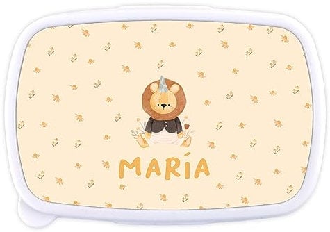LolaPix Caja merienda infantil y bebe. Fiambrera infantil. Regalos personalizados. Apta para microondas y libre de BPA, filatos y metales pesados. Leon flores