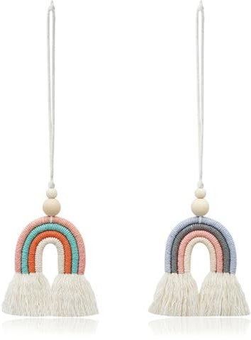 KGDUYC Regenbogen Wandbehang - 2Pcs Regenbogen Makramee Handgewebte Wanddeko mit Zwei Holzperlen,für Autorückspiegel, Mädchenzimmer, Zuhause, Kinderzimmer Wand Dekoration