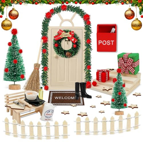 HZMJDHZM 27pcs Wichteltür Zubehör Weihnachten Set, Weihnachtswichtel Komplettset, Miniatur Wichtel Zubehör Elfentür, Miniatur Briefkästen, Kranz, Stiefel, für Kinder Geschenke, Weihnachtsdeko