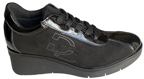 Donna Serena Scarpe Linea Comoda camoscio e Vernice Nera; Zeppa in Gomma 5 cm; Lacci Taglia 37