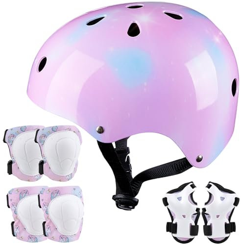 Conjuntos de Patinajes Niños, Unicorn Castle Protecciones Patines Niña con Casco Ajustables Rodilleras y Coderas para Skate Bicicleta Monopatín Deporte