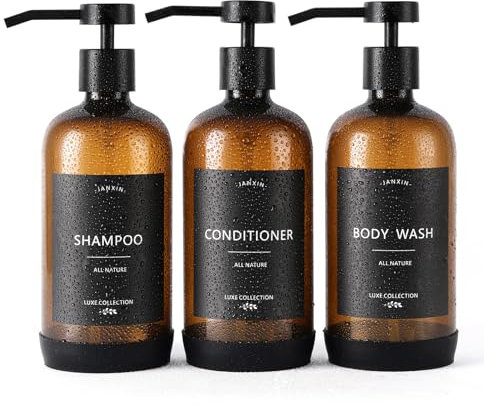Janxin Shampoo- und Conditioner-Spender, nachfüllbare 600ml Shampooflaschen, Duschspender mit wasserfesten Etiketten für das Badezimmer (Bernsteinfarbene Flaschen + Schwarze Pumps)