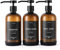 Janxin Shampoo- und Conditioner-Spender, nachfüllbare 600ml Shampooflaschen, Duschspender mit wasserfesten Etiketten für das Badezimmer (Bernsteinfarbene Flaschen + Schwarze Pumps)