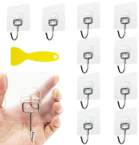 WWYSSZ Selbstklebende Haken Transparent Groß PVC 20kg (Max), 10 Stück Wandhaken Klebehaken Extra Stark Transparente, Ohne Bohren, Wasserdicht,Starke Klebehaken für Küche Bad Wand & Decke Aufhänger