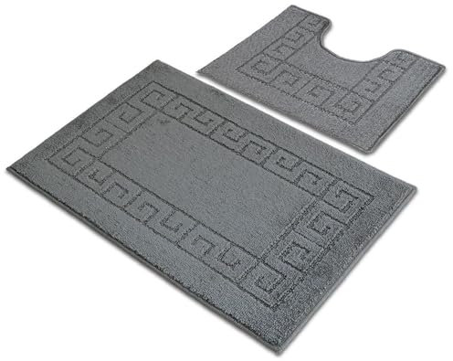 Ambience Products Badematten mit griechischem Schlüsselmuster, rutschfest, weich, waschbar, schnell trocknend, wasserabsorbierend, Badezimmer-Duschmatte und WC-Garnitur (Anthrazit)