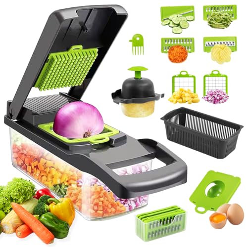 16 en 1 Cortadora de Verduras Cebolla Kit, Picador de Verduras Mandolina Cocina, Troceador de Verduras con 7 Cuchillas Lintercambiables, para Cortar Verduras, Patatas, Cebolla