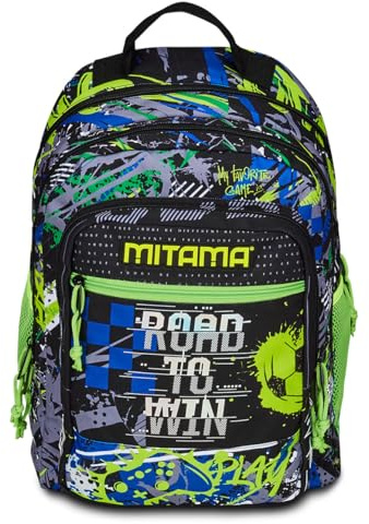 Mitama Zaino Triplo Scomparto Road To Win con Tasca frontale, Verde e Nero, Scuola Elementare e Tempo Libero, Bambino Ragazzo