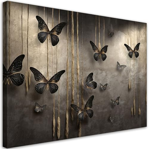 Feeby Wandbilder - Bilder Schlafzimmer - Schwarz Schmetterlinge 3D - 60x40 1tlg - Wohnzimmer Bild Groß - Wohnungs - Foto Geschenk - Leinwand Wall Art - Wand Deko