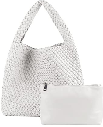 Gewebte Hobo-Tasche für Damen, veganes Leder, Schultertasche, Tragegriff oben, Weiss/opulenter Garten, Large