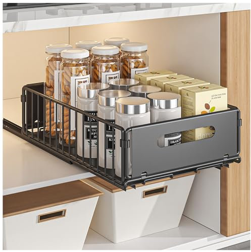 Axroad Mall Pull Out Cabinet Organiser, Heavy Duty Slide Out Drawer Storage Shelves for Kitchen Cupboard, Sliding Mesh Pantry Basket with Handle, No Need Drill and Nailing (Black, S, 1PCS)