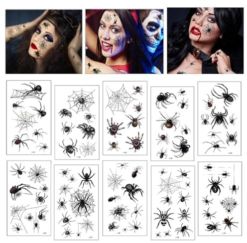 10 Blatt Halloween Temporäre Tattoos,Spinnen Tattoo, Spinnennetze Gesicht Tattoos Aufkleber, Halloween Gesichtsaufkleber, für Masquerade Karneval