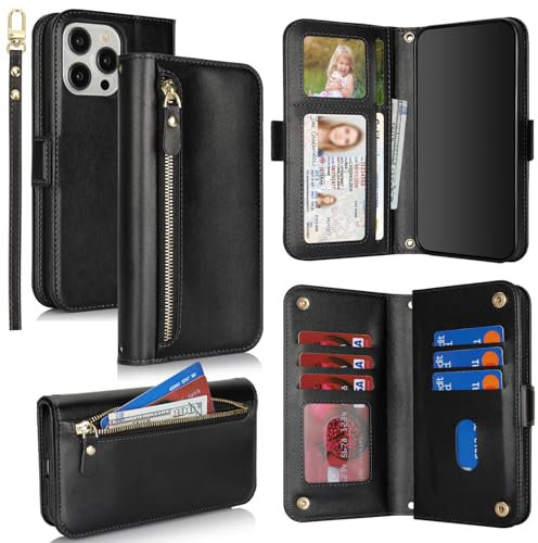 SailorTech for iPhone 15 Pro Max Phone Case Wallet with Card Holder for Women, iPhone 15 Pro Max Wallet Case with Credit Card Slots Flip Case Zipper Shockproof Case for Men - Black