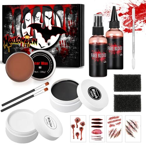 Ligtmor SFX Schminke Halloween Set, Halloween Schminkset mit Kunstblut/Scar Wax/Black and White Bodypainting Farben/Halloween Wunden zum Aufkleben, für Halloween Faschingsschminke Zombie Schminke