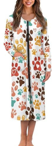 ZIATUBLES Bademantel mit Reißverschluss vorne, für Damen, Nachtwäsche, Kleid mit 2 Taschen, langärmelig, Bademäntel, Herbstmantel, Bunte Hundepfote., 3XL