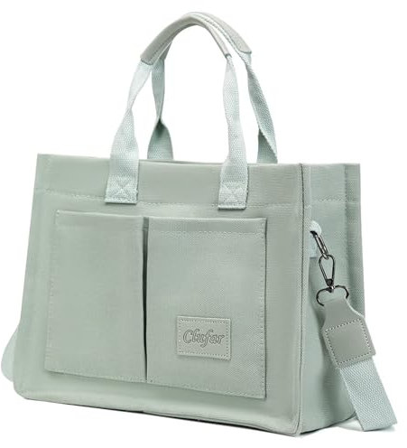 Clufar Handtasche Damen Mittelgroß Canvas umhängetasche Tote Bag Schultertasche Shopper Tasche Damen Arbeitstasche Crossbody Bag Aesthetic Stofftasche mit Fächern für Schule Bücher Alltag Green