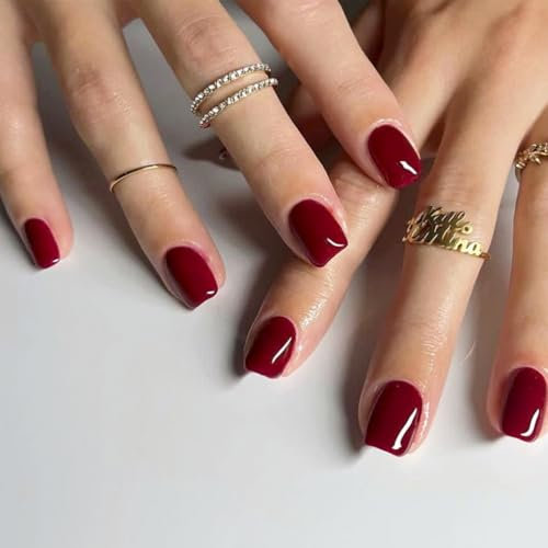 24Pcs Wine Red False Nails - Short Fake Nails with Glue - Square Press on Nails - Removable Glue-on Nails Tips for Autumn Winter DIY Nail Art Gifts for Women Girls