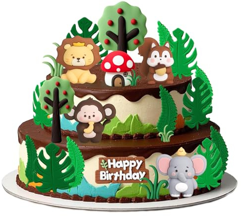 SAYHALO 26 Pieces Cute Jungle Baby Shower Cake Decoration Safari Animals Cake Decoration Wild One Cake Decorations Two Wild Cake Topper Squirrel Monkey Lion Cake Topper