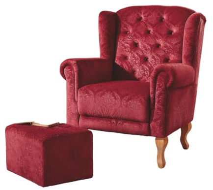 Coopers of Stortford - Wingback Armchair with Footstool Biscuit Velvet - High Back Lounge Chair - Button Back Upholstery - Easy Assembly with Foot Stool Included