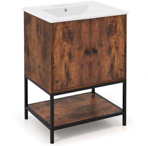 COSTWAY Waschbecken mit Unterschrank, Waschbeckenunterschrank mit 2 Türen und offenem Fach, waschtischunterschrank Holz, 61 x 46,5 x 87cm, Vintage braun