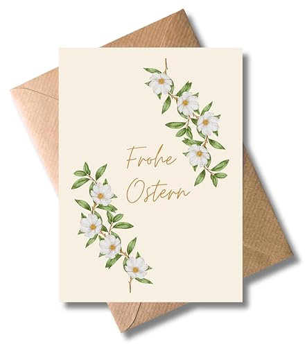 WBdesignz Frohe Ostern Karte mit Umschlag - mit weißen Blumen – elegante Ostergrußkarte - stilvoller Ostergruß für Familie, Freunde, Kolleginnen oder Nachbarn - Osterkarte (DIN A6)