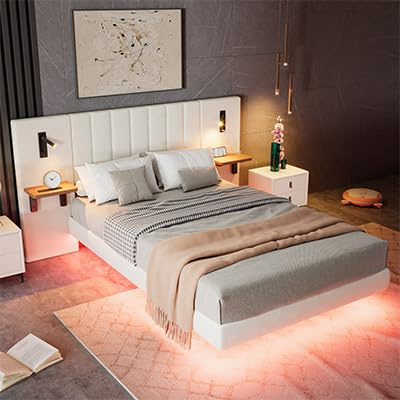 ModernLuxe Led Upholstered 4ft6 Double Bed with Storage,135x190cm White Velvet + Iron, Charging Socket, 2 Bedside Lamps, Soft Headboard - NO Matress