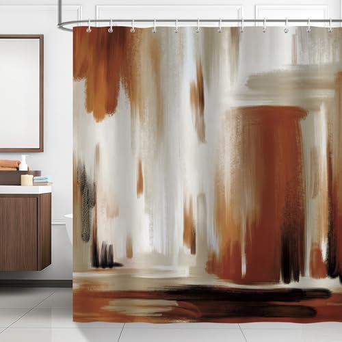 Bonhause Rideau de Douche Brun Peinture à l'huile Moderne Abstrait Rideau de Bain Tissu Polyester Anti Moisissure Imperméable Lavable Rideaux Salle de Bain 180 x 180 cm avec 12 Crochets pour Baignoire