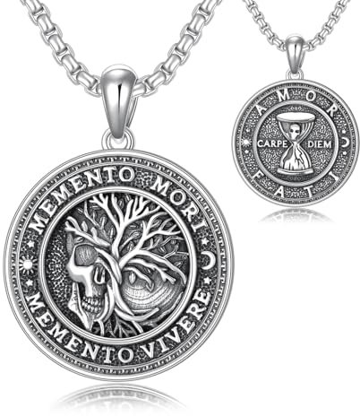 HARMONY BOLA Memento Mori Necklace for Men 925 Sterling Silver Memento Mori Pendant Tree of Life Skull Amulet Jewelry Gifts 22+2 Inch Chain